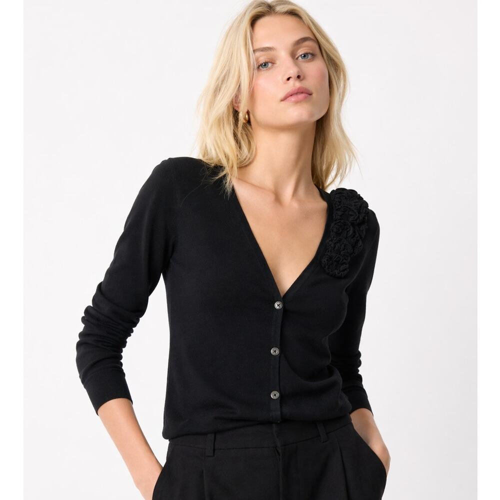 J. Crew Ruffle V-Neck Cotton Cardigan Sweater Black 17989 Size M